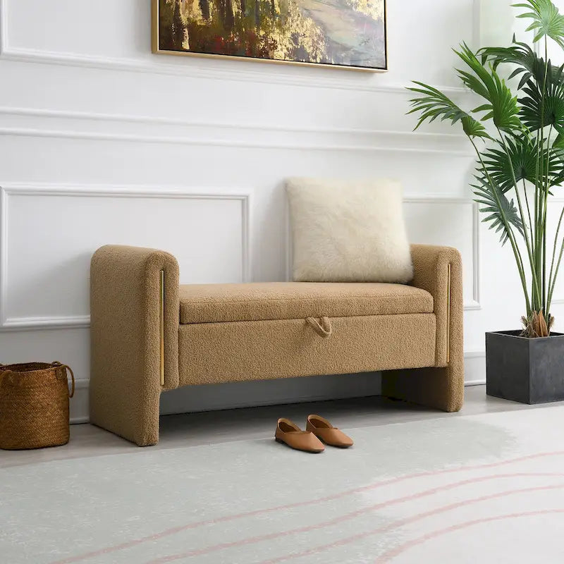 Modern Teddy Bench with Arms and Storage, Upholstered Large Foot Rest Stool, Comfy Window Vanity Bench