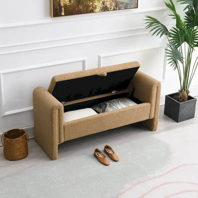 Modern Teddy Bench with Arms and Storage, Upholstered Large Foot Rest Stool, Comfy Window Vanity Bench