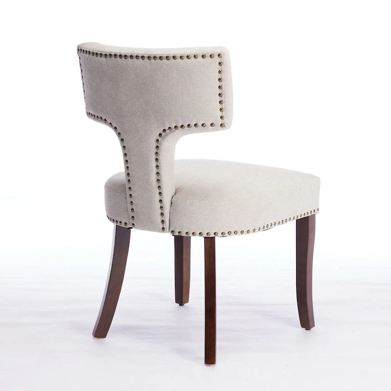 Modern Dining Chairs Set of 2, Linen Fabric Upholstered Accent Chair Curved Backrest Kitchen Chairs with Rubberwood Frame
