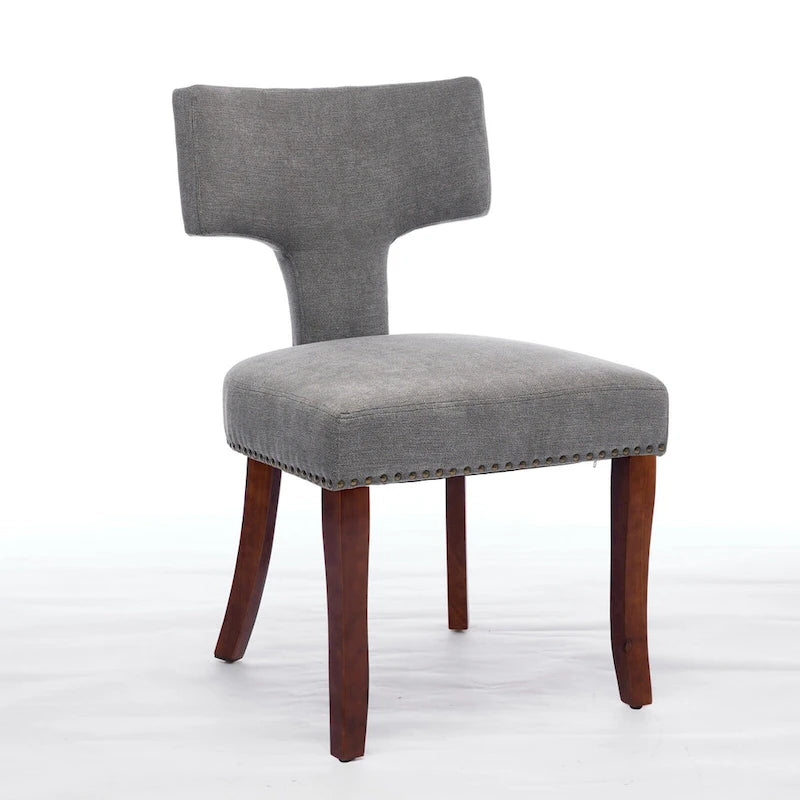 Modern Dining Chairs Set of 2, Linen Fabric Upholstered Accent Chair Curved Backrest Kitchen Chairs with Rubberwood Frame