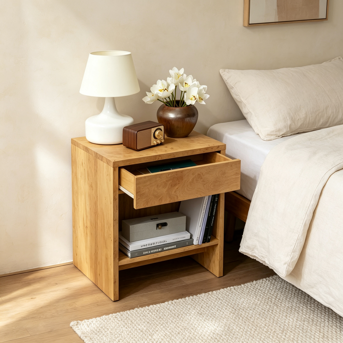 1-Drawer Burl Wood Nightstand With Shelf