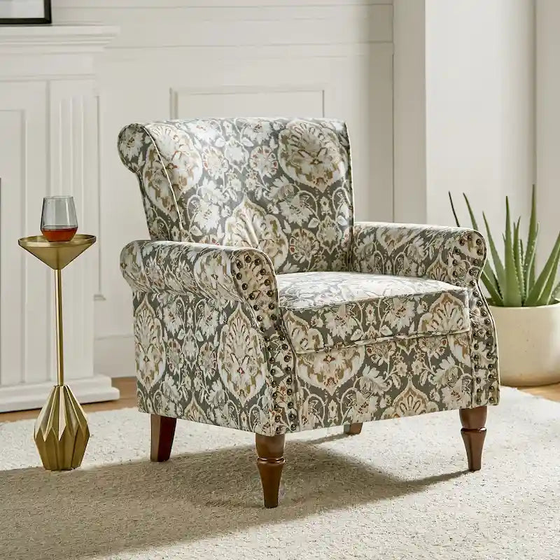Traditional Polyester Accent Chair with Rolled Arms and Nailhead Trim