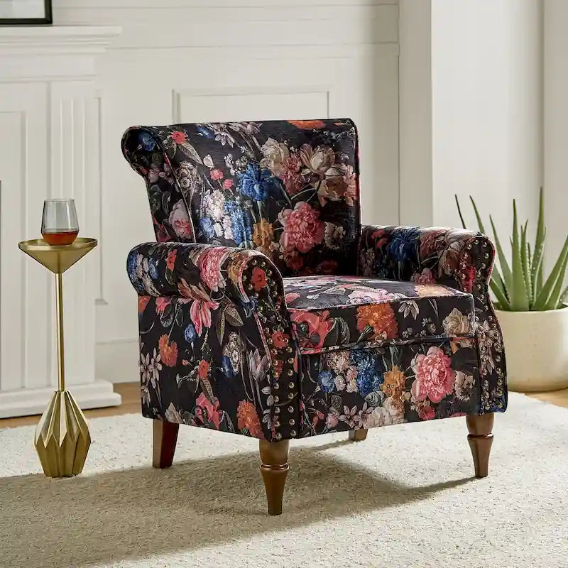 Traditional Polyester Accent Chair with Rolled Arms and Nailhead Trim
