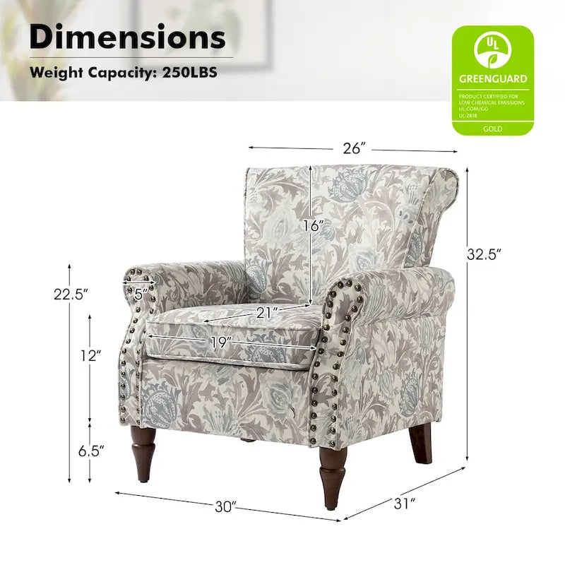 Traditional Polyester Accent Chair with Rolled Arms and Nailhead Trim