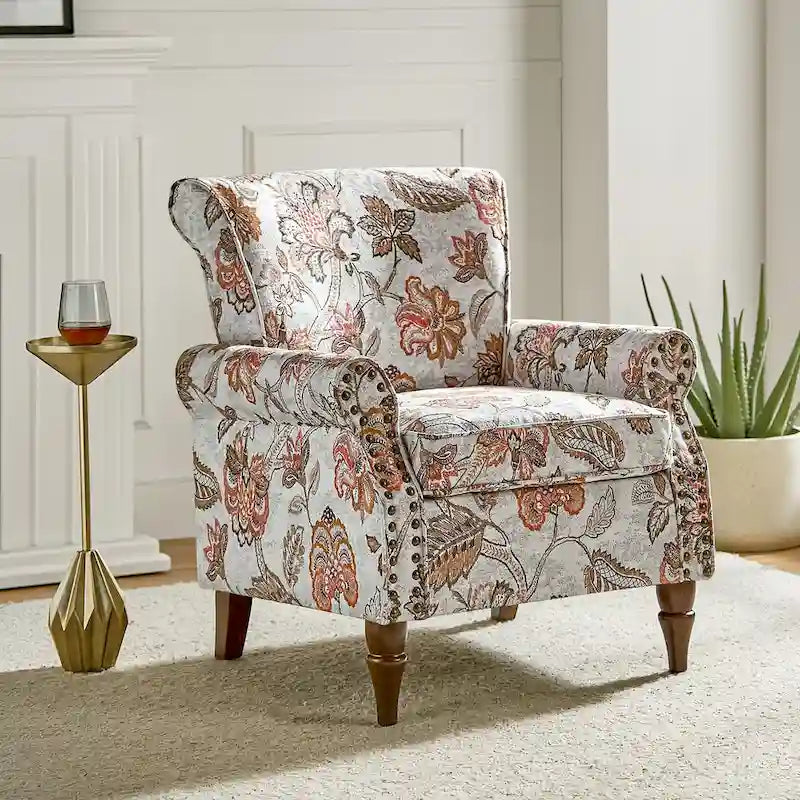 Traditional Polyester Accent Chair with Rolled Arms and Nailhead Trim