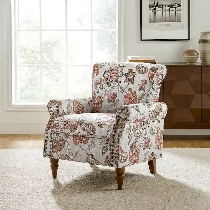Traditional Polyester Accent Chair with Rolled Arms and Nailhead Trim
