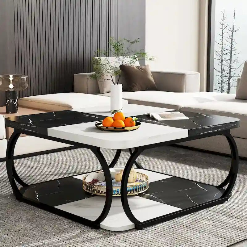 Square 2-Tier Coffee Table with Storage Shelf, 39 inches Low Farmhouse Wood Coffee Table for Modern Living Room