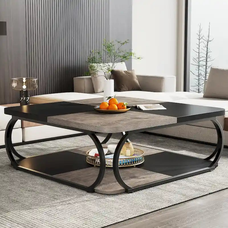 Square 2-Tier Coffee Table with Storage Shelf, 39 inches Low Farmhouse Wood Coffee Table for Modern Living Room