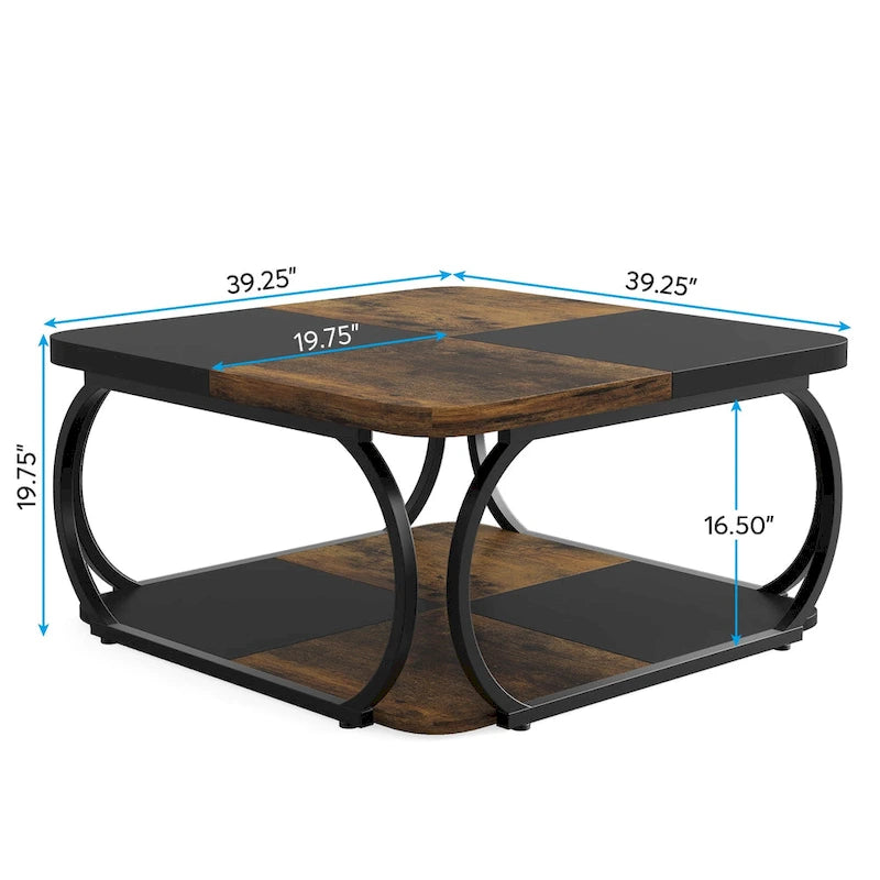 Square 2-Tier Coffee Table with Storage Shelf, 39 inches Low Farmhouse Wood Coffee Table for Modern Living Room
