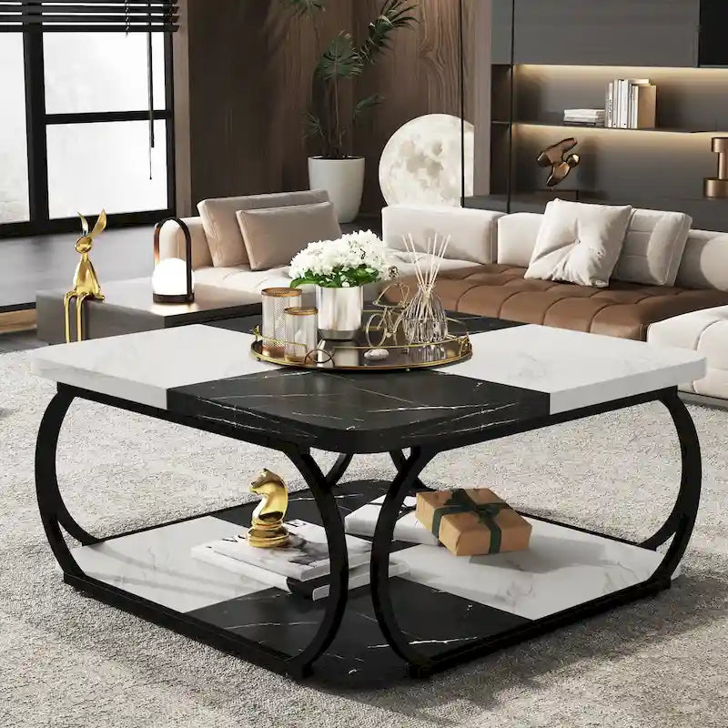 Square 2-Tier Coffee Table with Storage Shelf, 39 inches Low Farmhouse Wood Coffee Table for Modern Living Room