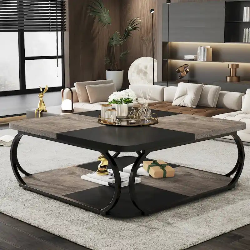 Square 2-Tier Coffee Table with Storage Shelf, 39 inches Low Farmhouse Wood Coffee Table for Modern Living Room