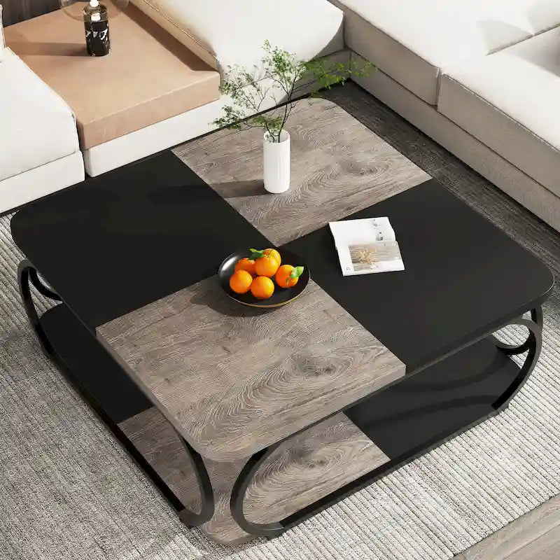 Square 2-Tier Coffee Table with Storage Shelf, 39 inches Low Farmhouse Wood Coffee Table for Modern Living Room