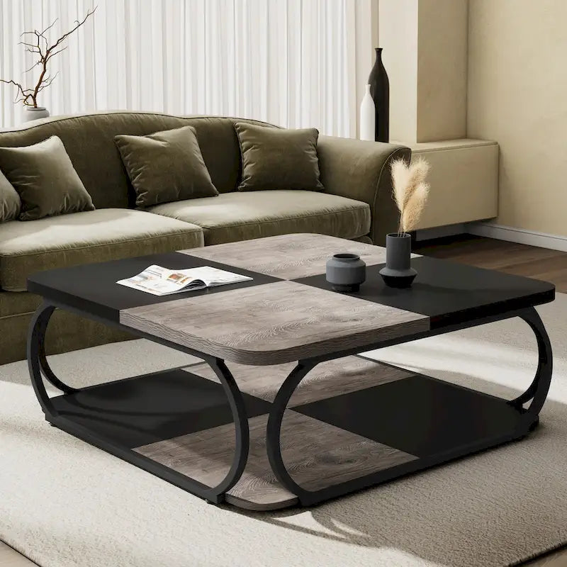 Square 2-Tier Coffee Table with Storage Shelf, 39 inches Low Farmhouse Wood Coffee Table for Modern Living Room