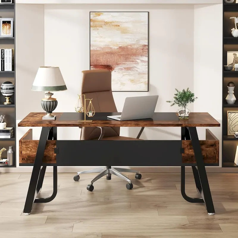 63 Inches Large Executive Desk with Bottom Shelves