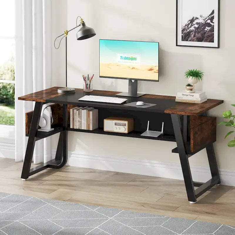 63 Inches Large Executive Desk with Bottom Shelves