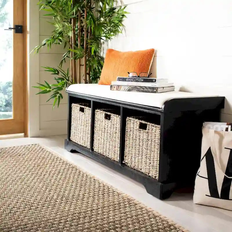 Grey/White Storage Bench with Woven Baskets - 47x16x20