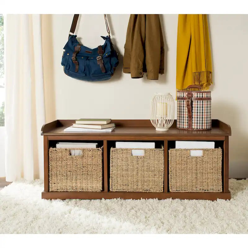 Grey/White Storage Bench with Woven Baskets - 47x16x20
