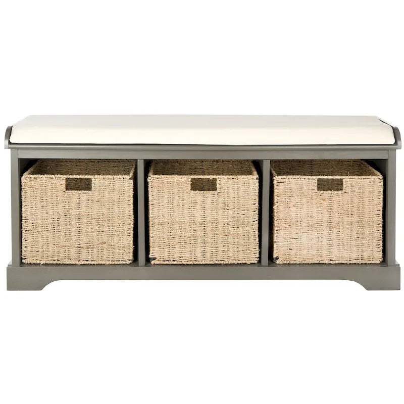 Grey/White Storage Bench with Woven Baskets - 47x16x20