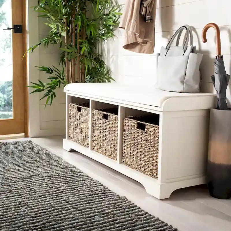 Grey/White Storage Bench with Woven Baskets - 47x16x20