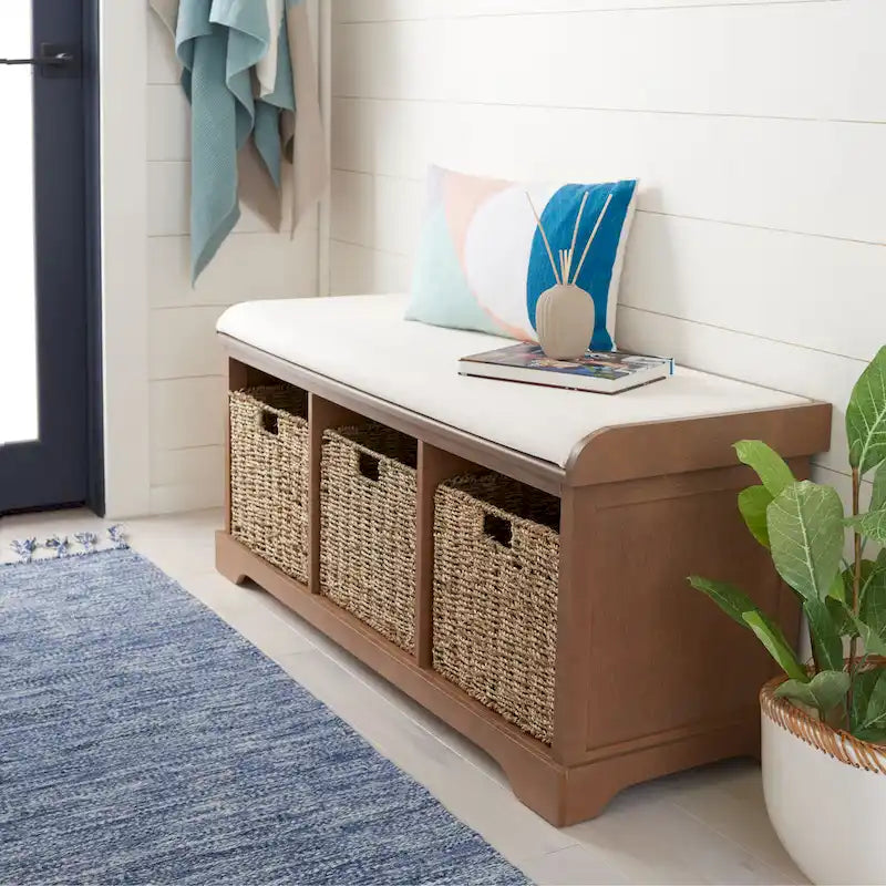 Grey/White Storage Bench with Woven Baskets - 47x16x20