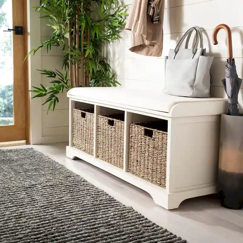 Grey/White Storage Bench with Woven Baskets - 47x16x20