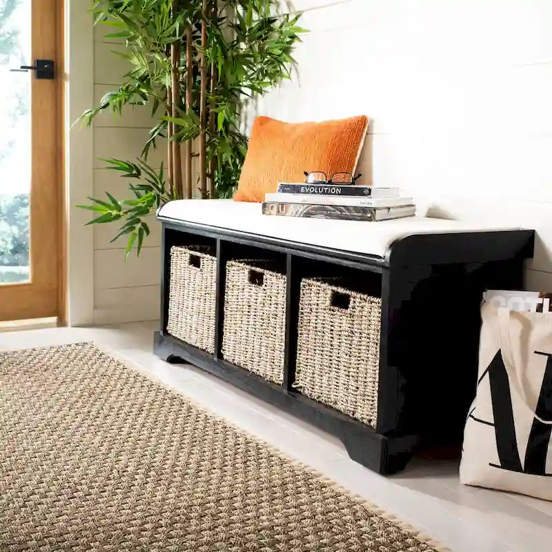 Grey/White Storage Bench with Woven Baskets - 47x16x20