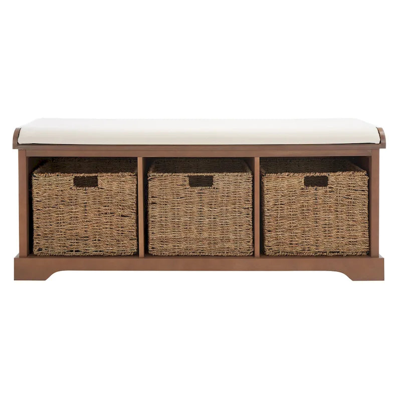 Grey/White Storage Bench with Woven Baskets - 47x16x20
