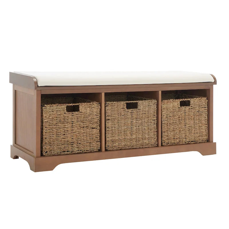 Grey/White Storage Bench with Woven Baskets - 47x16x20