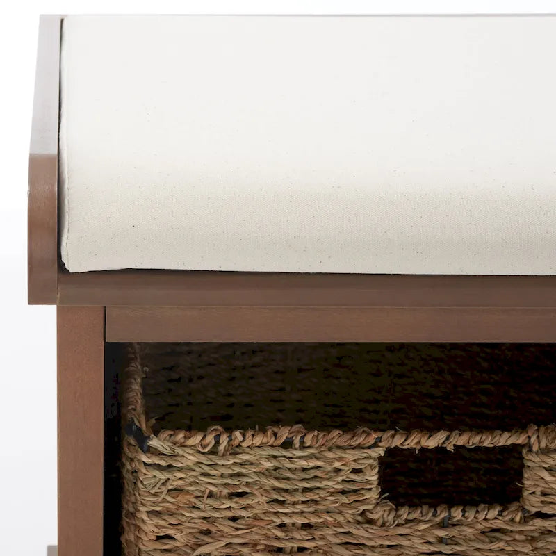 Grey/White Storage Bench with Woven Baskets - 47x16x20