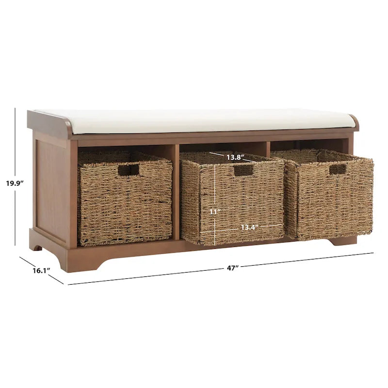 Grey/White Storage Bench with Woven Baskets - 47x16x20