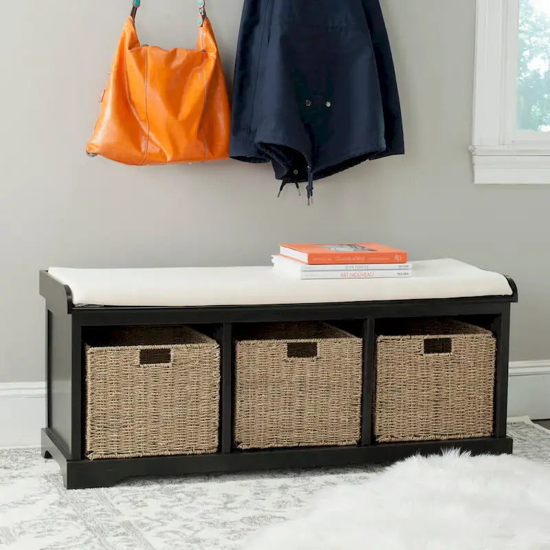 Grey/White Storage Bench with Woven Baskets - 47x16x20
