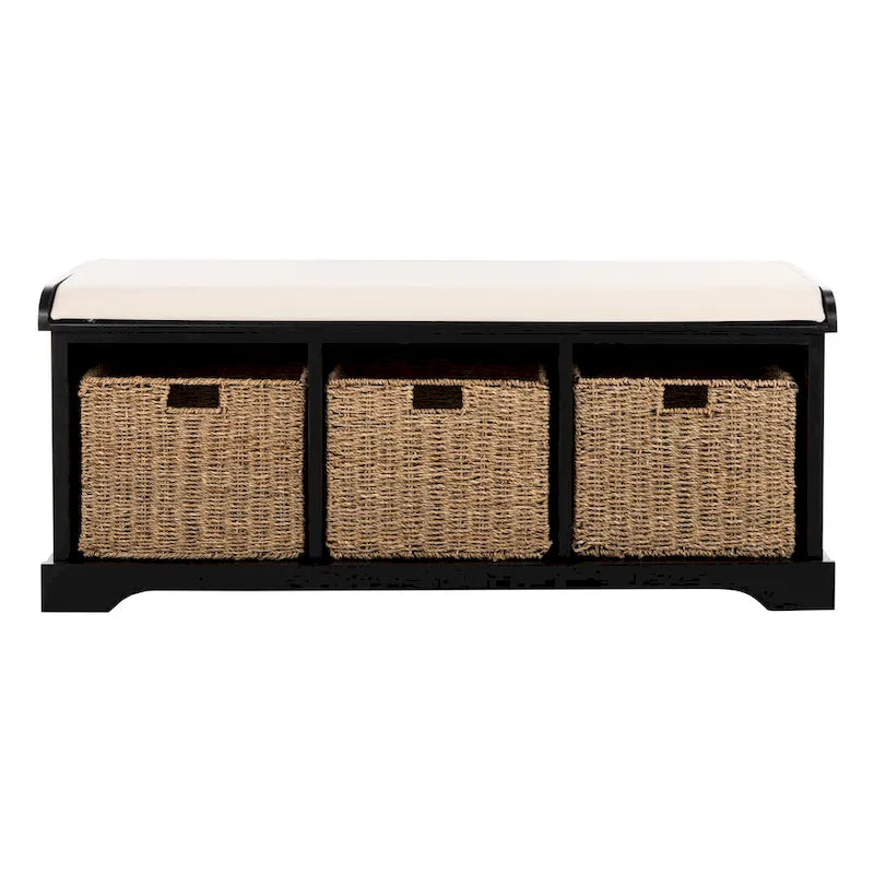 Grey/White Storage Bench with Woven Baskets - 47x16x20