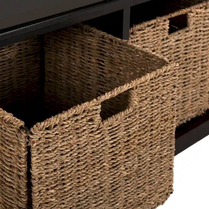 Grey/White Storage Bench with Woven Baskets - 47x16x20