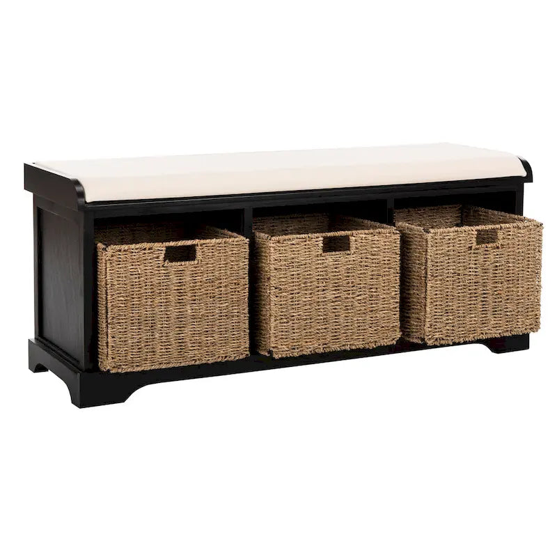 Grey/White Storage Bench with Woven Baskets - 47x16x20