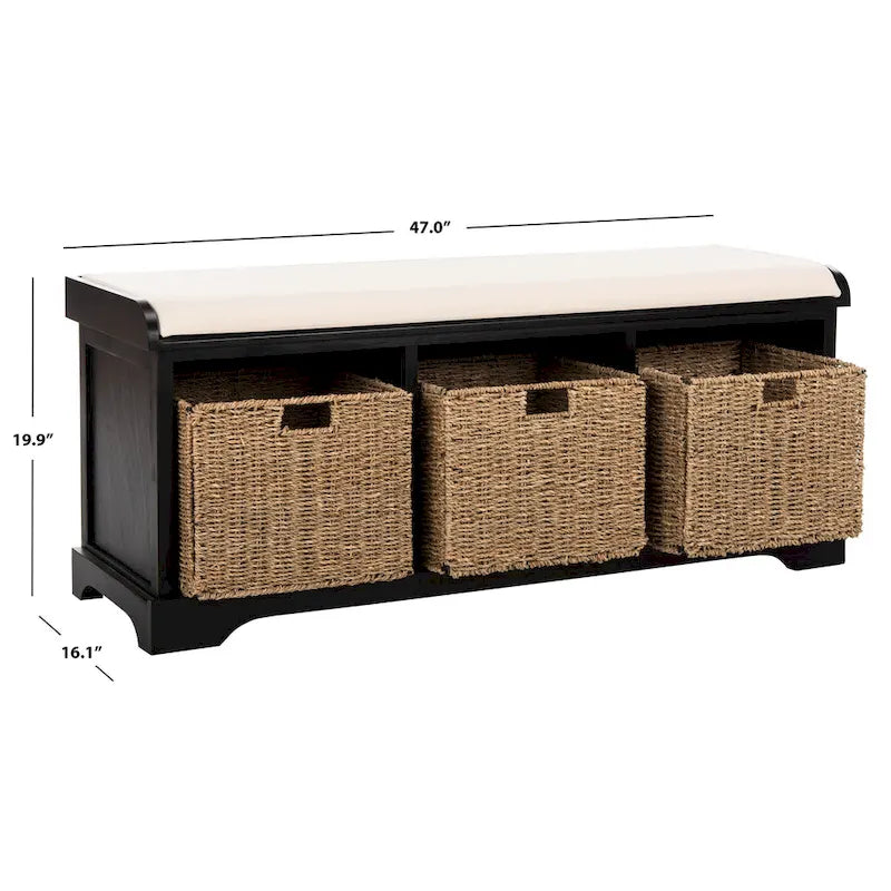 Grey/White Storage Bench with Woven Baskets - 47x16x20