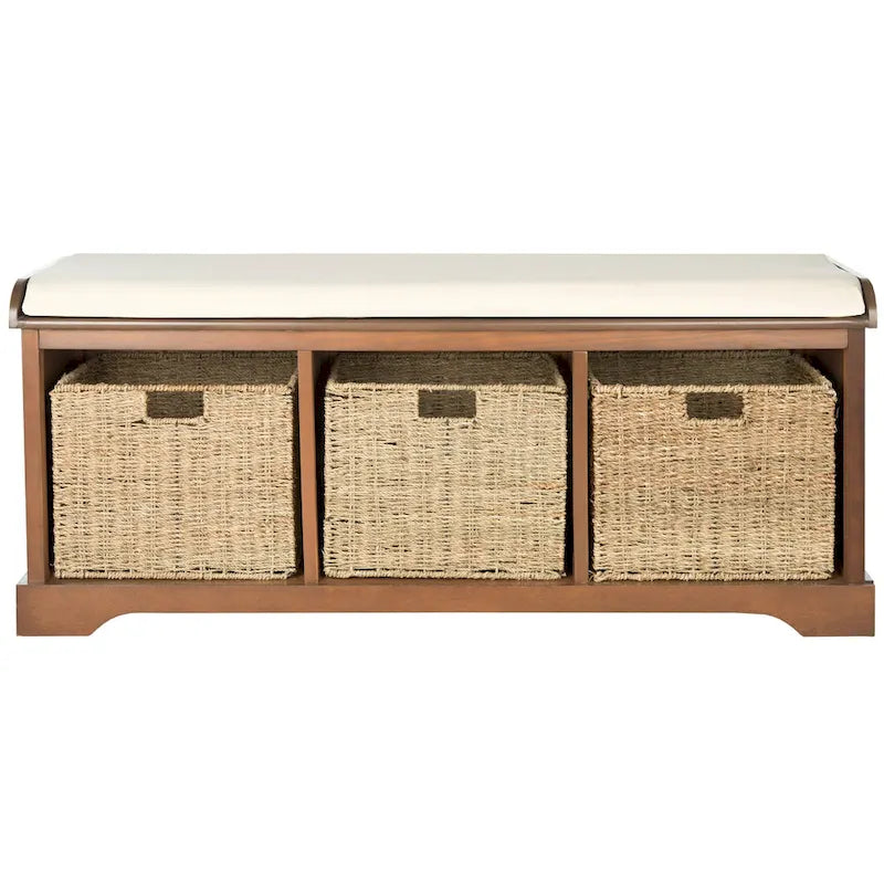 Grey/White Storage Bench with Woven Baskets - 47x16x20
