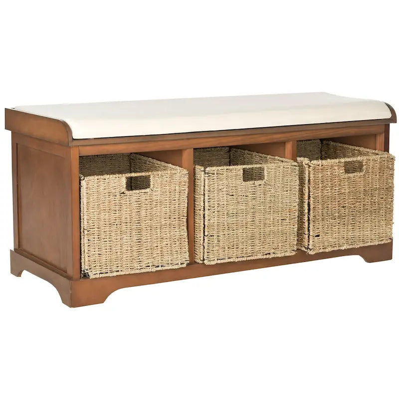 Grey/White Storage Bench with Woven Baskets - 47x16x20