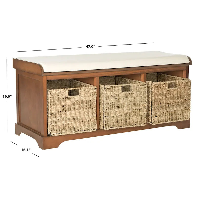 Grey/White Storage Bench with Woven Baskets - 47x16x20