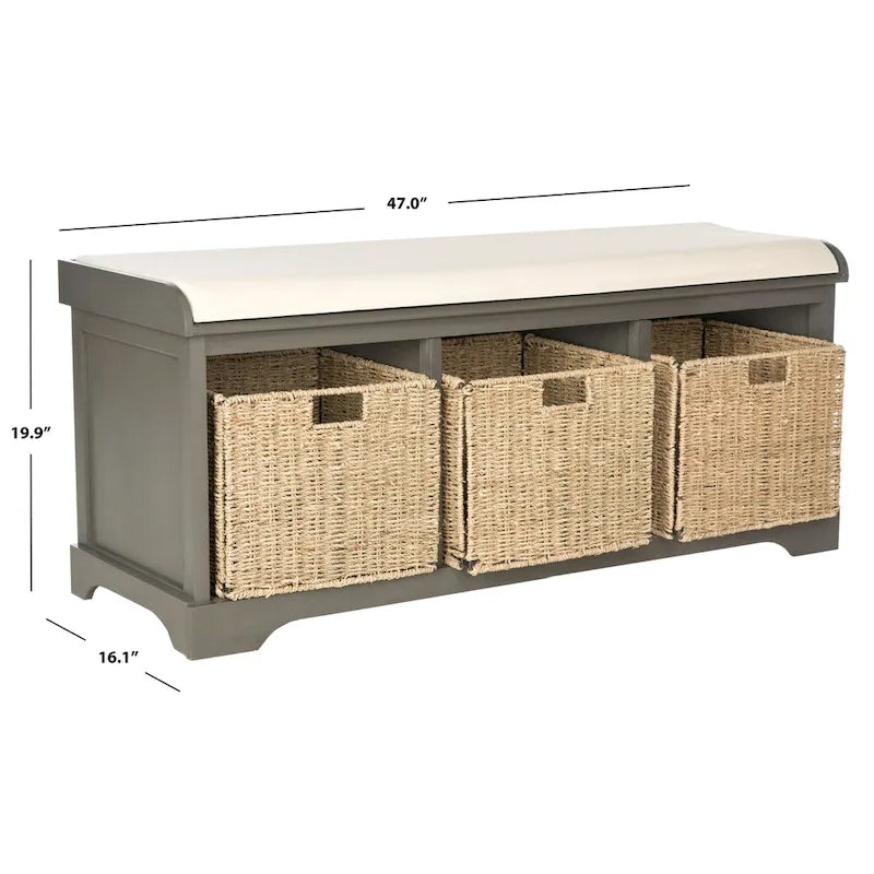 Grey/White Storage Bench with Woven Baskets - 47x16x20