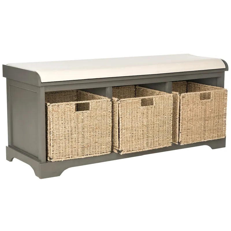 Grey/White Storage Bench with Woven Baskets - 47x16x20