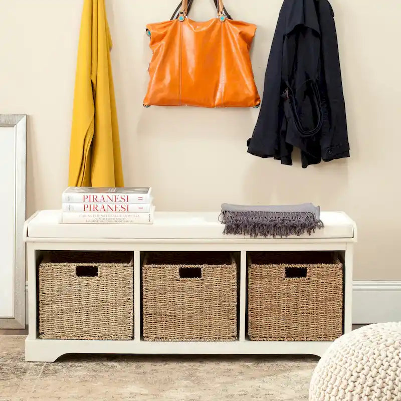 Grey/White Storage Bench with Woven Baskets - 47x16x20