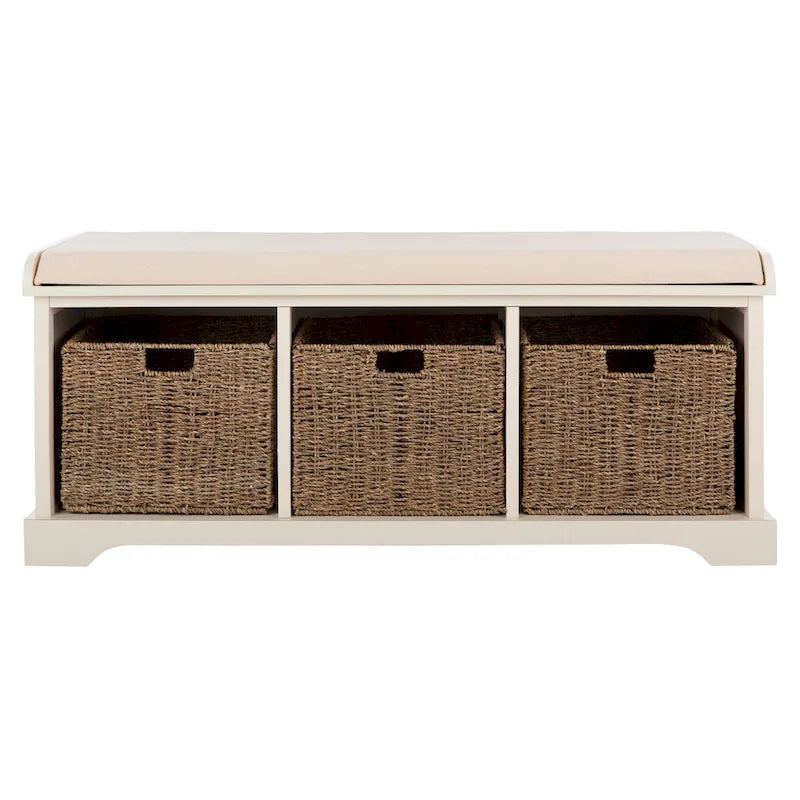 Grey/White Storage Bench with Woven Baskets - 47x16x20