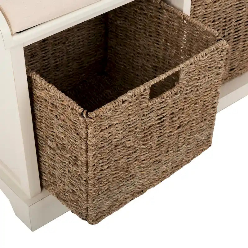 Grey/White Storage Bench with Woven Baskets - 47x16x20