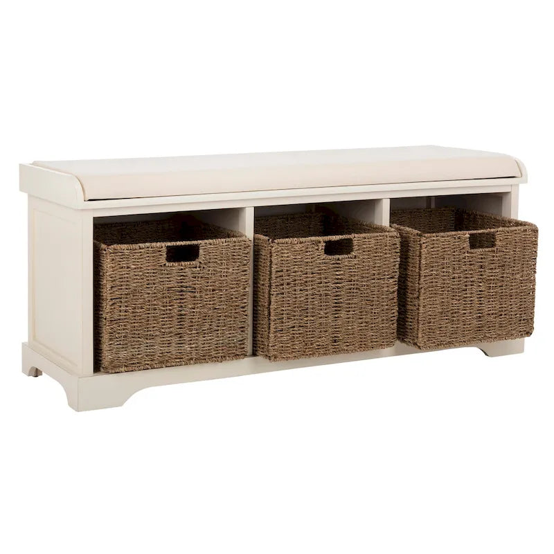 Grey/White Storage Bench with Woven Baskets - 47x16x20