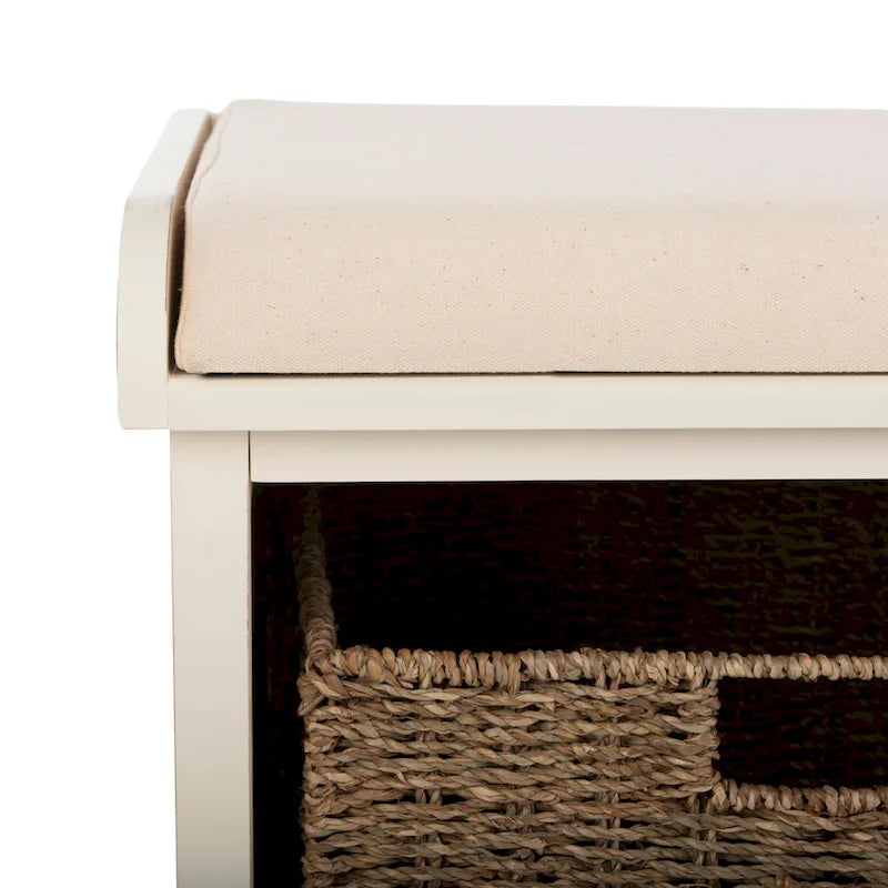 Grey/White Storage Bench with Woven Baskets - 47x16x20