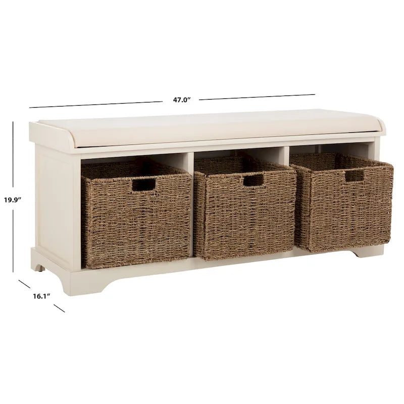 Grey/White Storage Bench with Woven Baskets - 47x16x20