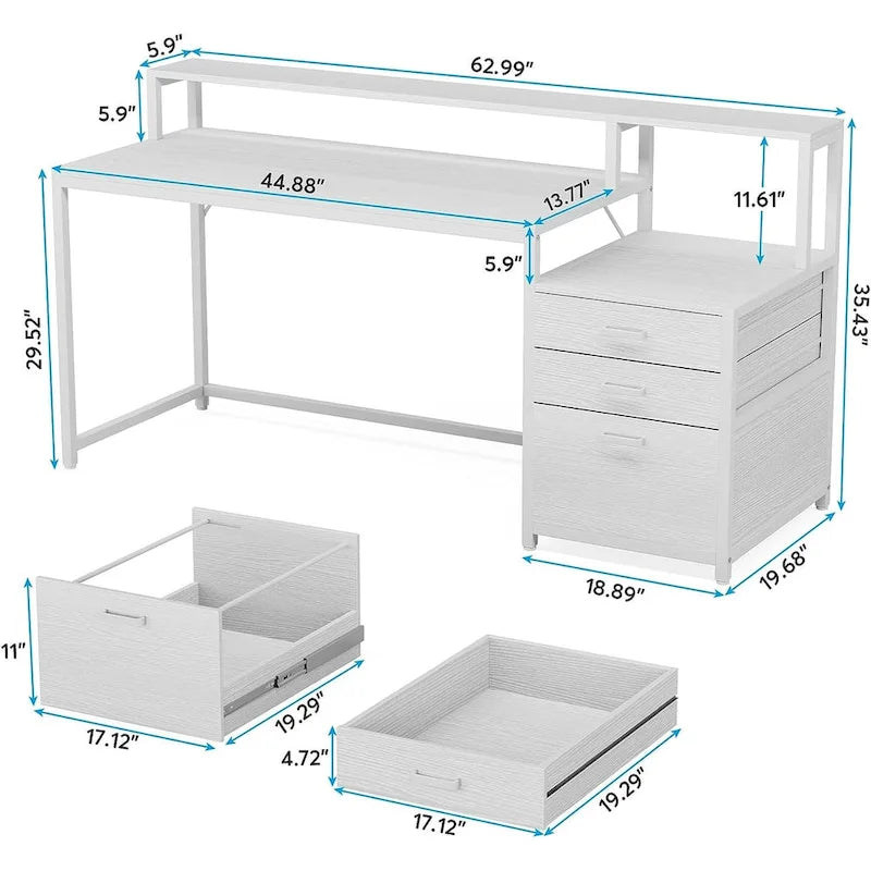 63 Computer Desk with Monitor Stand, Ergonomic Home Office Desks with Drawers File Cabinet