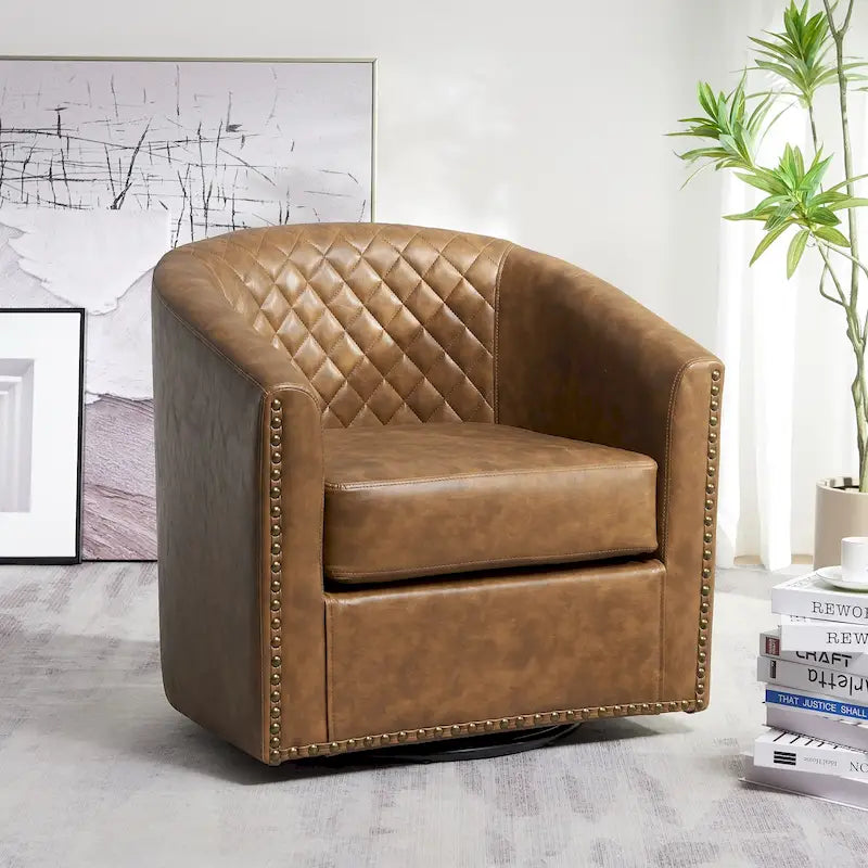 29-Inch Tufted PU Leather Swivel Barrel Chair