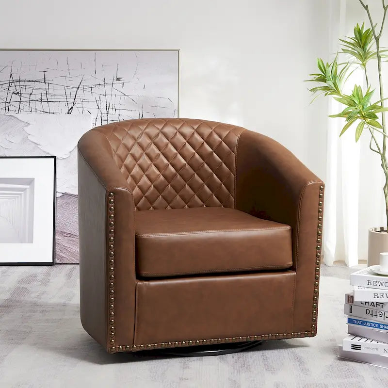 29-Inch Tufted PU Leather Swivel Barrel Chair