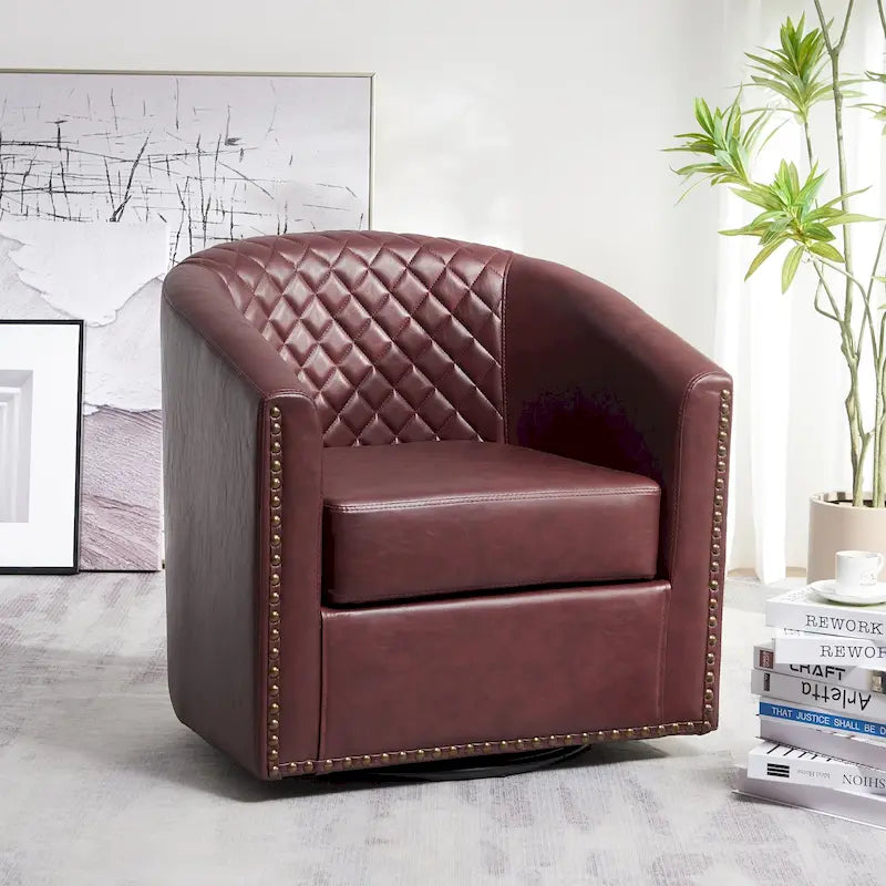 29-Inch Tufted PU Leather Swivel Barrel Chair